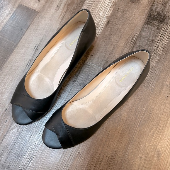 11 Cole Haan Black Leather Peep-Toe Wedge Heels - Picture 2 of 4